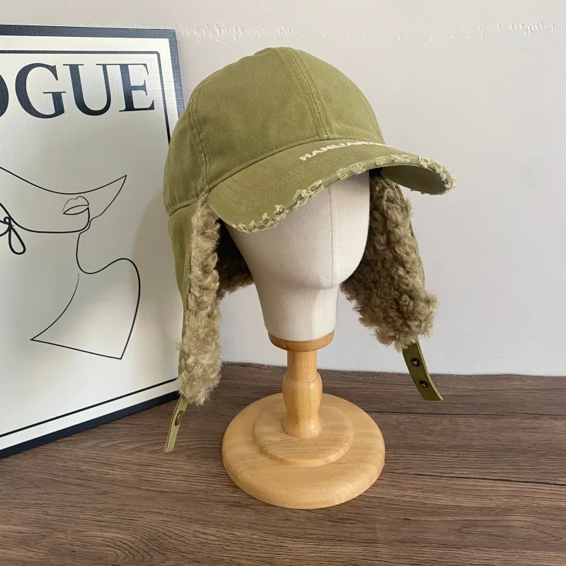 autumn winter cap with ear flaps plush solid color winter baseball cap for women and men