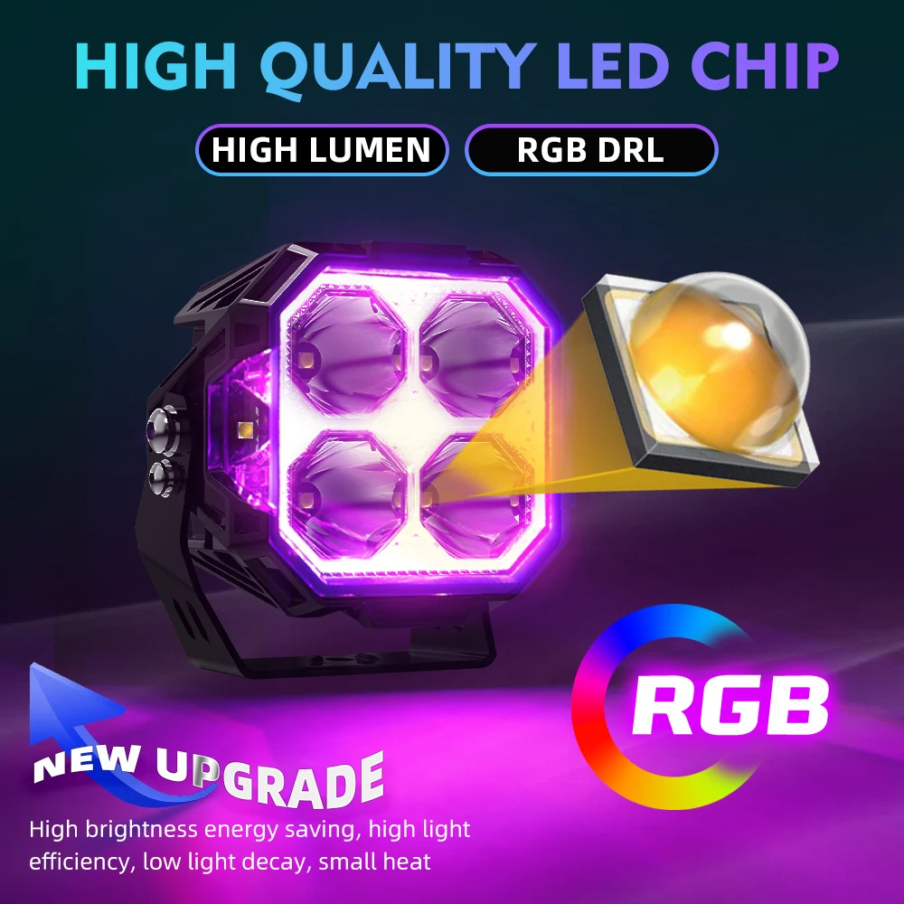 HL 3inch Square LED Work Light RGB DRL with Free Wire Set Spot Driving LED Work Lamp Fog Pods Lights For off-road use 12V 24V