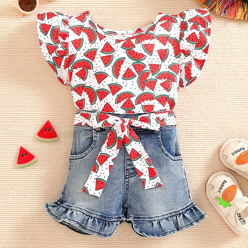 

Summer Toddler Girl Clothes Fashion Cute Print Sleeveless Cotton Tops+Denim Shorts Children's Sets Baby Boutique Clothing BC1853