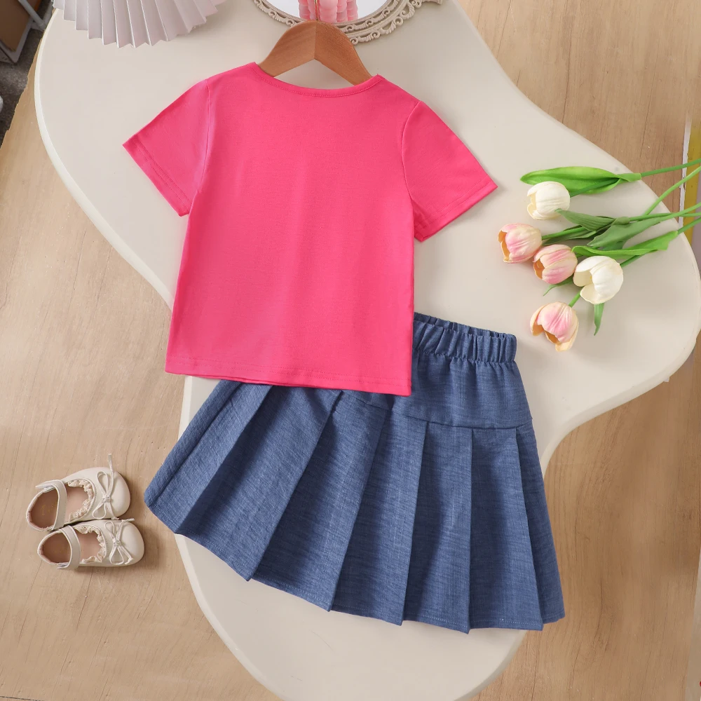 Girls' summer two-piece casual sweet set: three-dimensional bowknot short-sleeved top T-shirt + pure color skirt