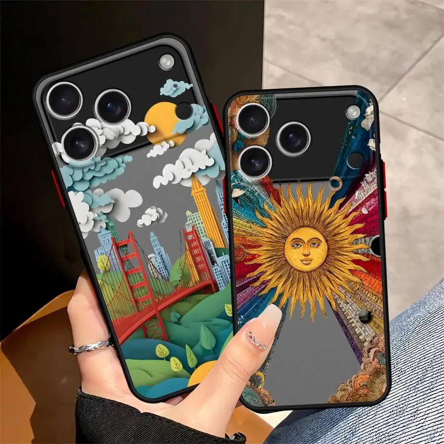 Funda Back Phone Cover Case for iPhone 17 Pro Max 11 XS XR 13 Mini 14 7 8 SE Air 16 Plus 12 15 17e Creative City Sun Art