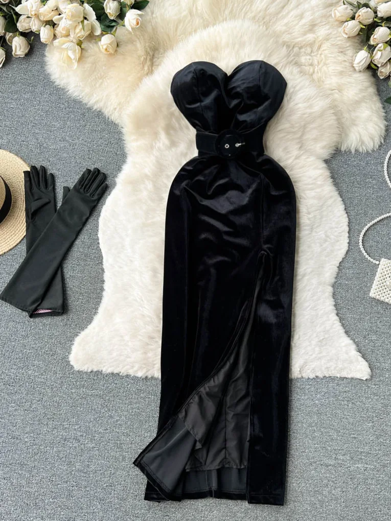 Foamlina Sexy Black Strapless Velvet Dress Women Retro Style Sleeveless Backless Slim High Split Evening Party Dress with Gloves