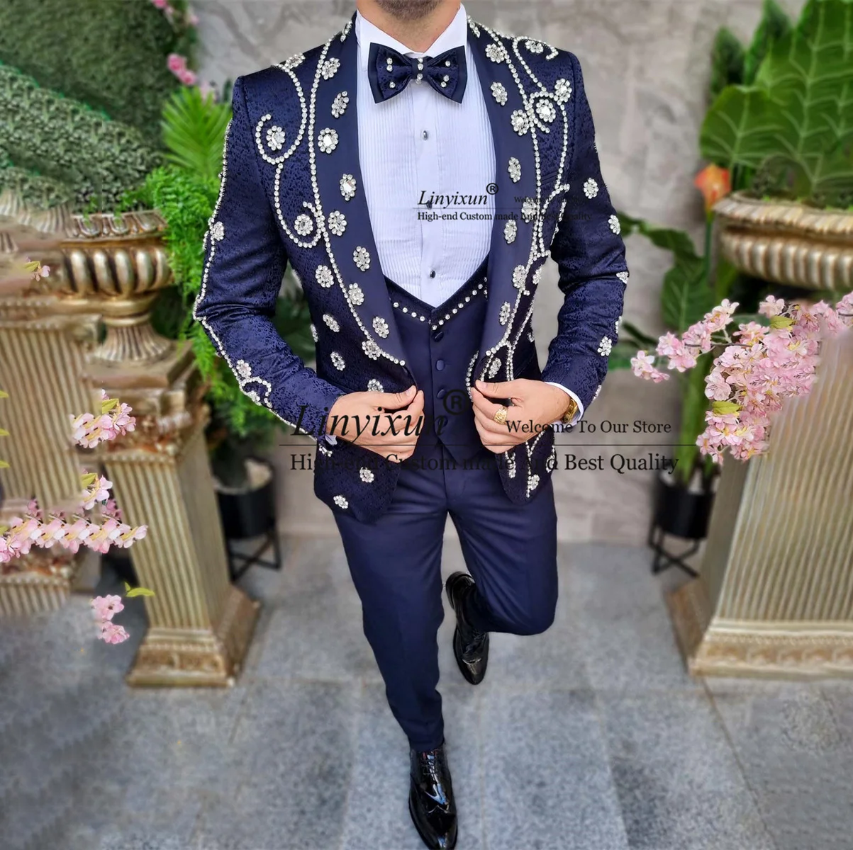 Luxury Beaded Wedding Suits For Men Jacquard Prom Blazers Outfits 2 Pieces Sets Groom Tuxedos Slim trajes elegante para hombres