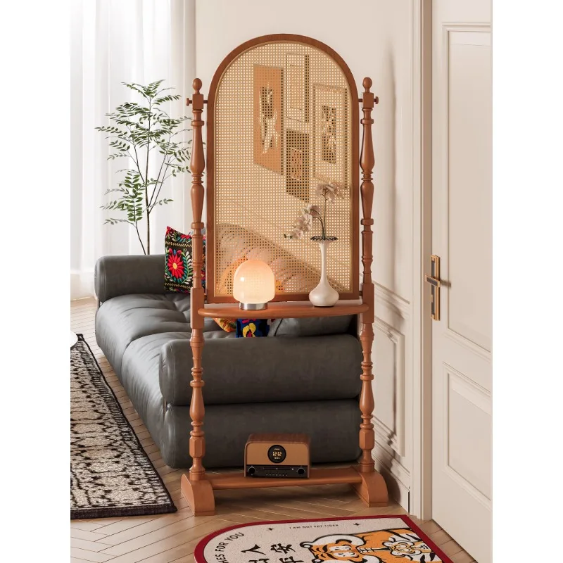 

Medieval solid wood rattan screen art designer household living room bedroom partition seat screen shelf