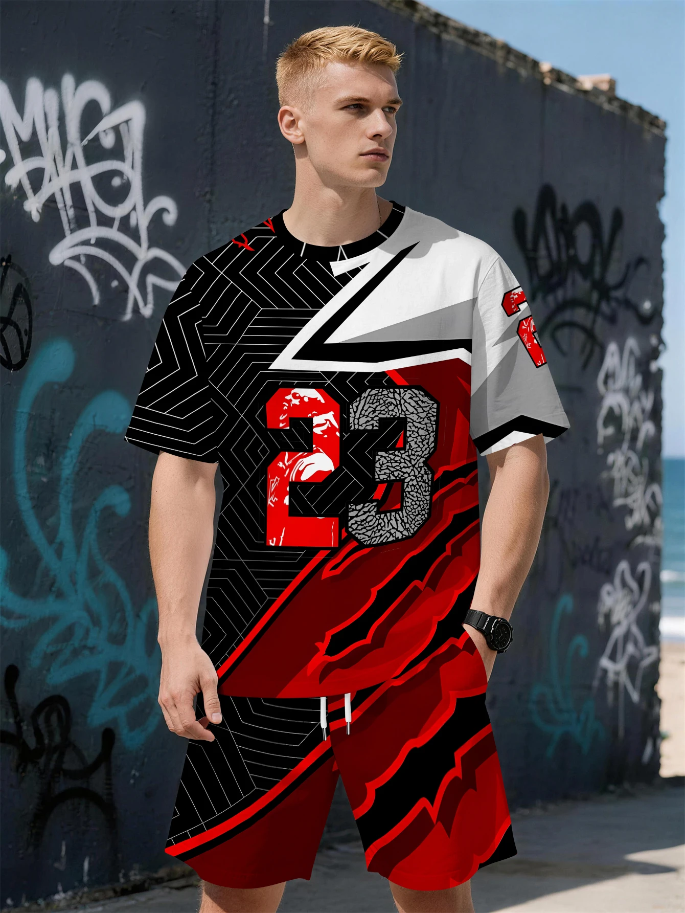 

2026 Summer New Men's Short-Sleeved Set with 3D Letter Pattern Print - Fashionable Street Style Comfortable Lightweight Soft