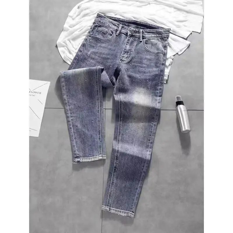 

Джинсы Slim Fit, мужские летние тонкие джинсовые брюки со средней талией, синие маленькие прямые брюки, повседневные свободные брюки-клеш