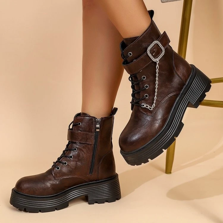 Women's 2026 New Fashion Chain Buckle Decorative Thick-soled Short Boots Spring and Autumn Round Toe Large Size Ankle Boots