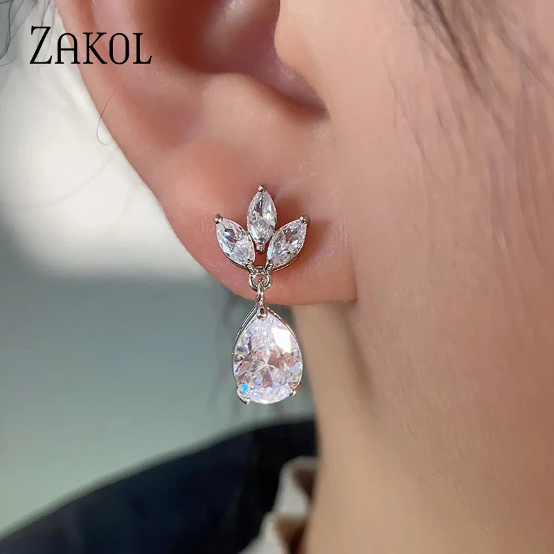 ZAKOL Sliver Color Crystal Water Drop Earrings for Women Cubic Zirocn Leaf Bridal Earring Wedding Jewelry Wholesale EP2398