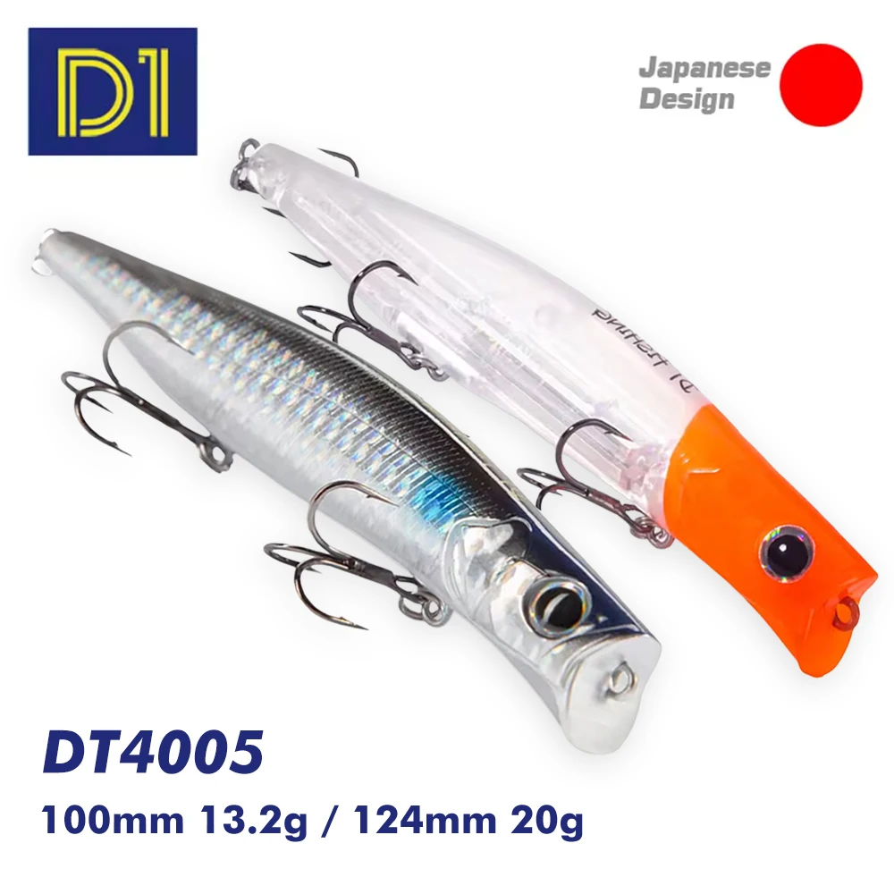Isca Artificial D1 Topwater Popper 2 Peças 124mm 20g Flutuante Rígida com Olhos 3D Ação Popping para Pesca de Robalo e Lúcio em Água Doce e Salgada