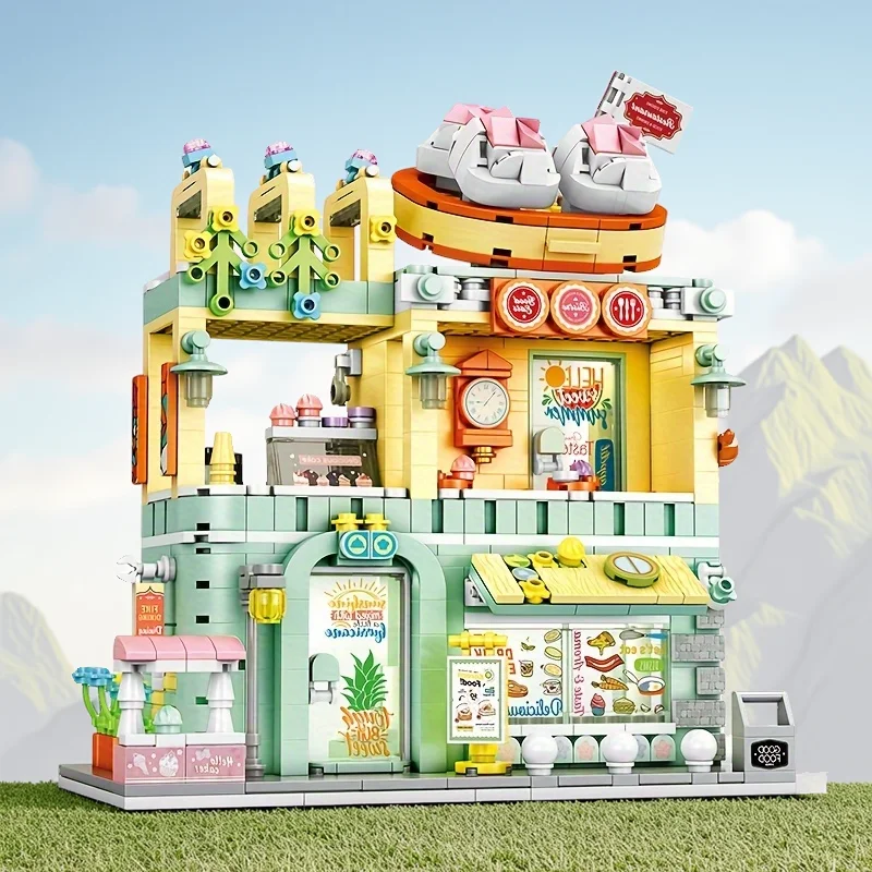 MOC Snack Street Pizza Shop Restaurant Store Building Block Set Commodity Store Modern House DIY Toys For Children Holiday Gifts