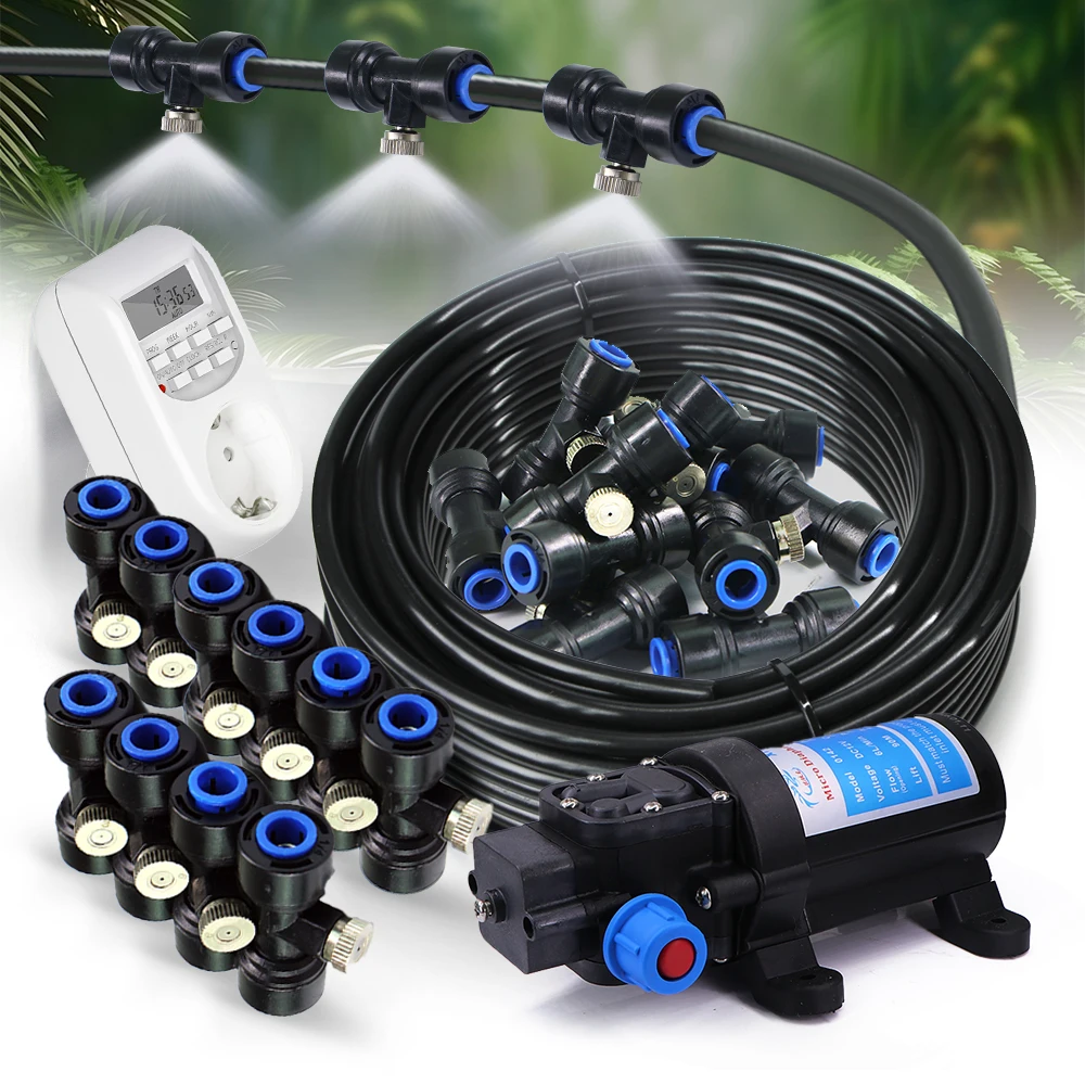 

1/4" 4/6mm 60w Self-priming Pump Misting Cooling System 0.8mm Fine Sprayer Nozzles for Garden Plant Watering Irrigation Fogging