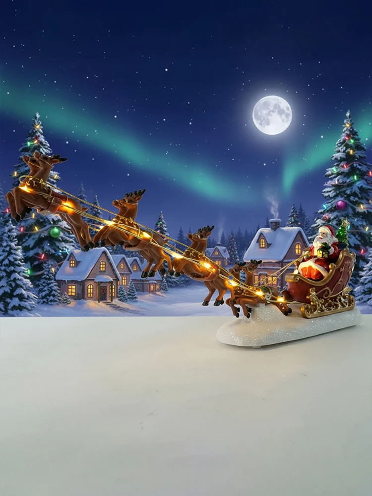 

Santa Sleigh and Reindeer with LED Lights Santa Sleigh Ornament Holiday Ornament Xmas Home Tabletop Decoration Gift