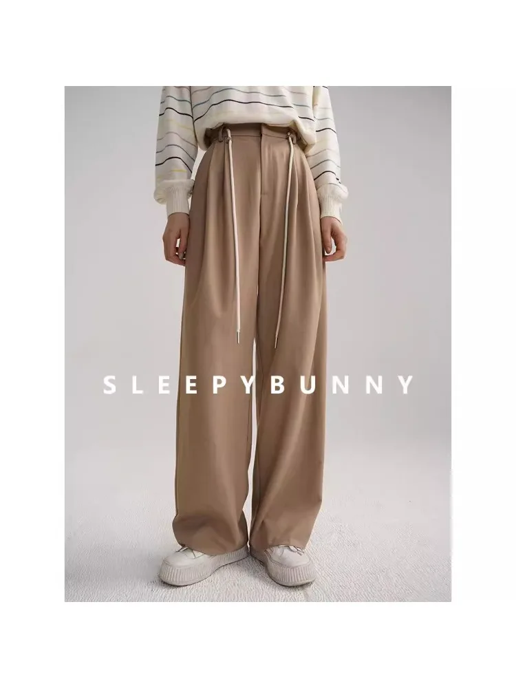 العصرية فضفاضة عالية الخصر السراويل النساء الخريف الكاكي الرباط بنطال ذو قصة أرجل واسعة عادية شيك قيعان طويلة الشارع الشهير الزي اليومي