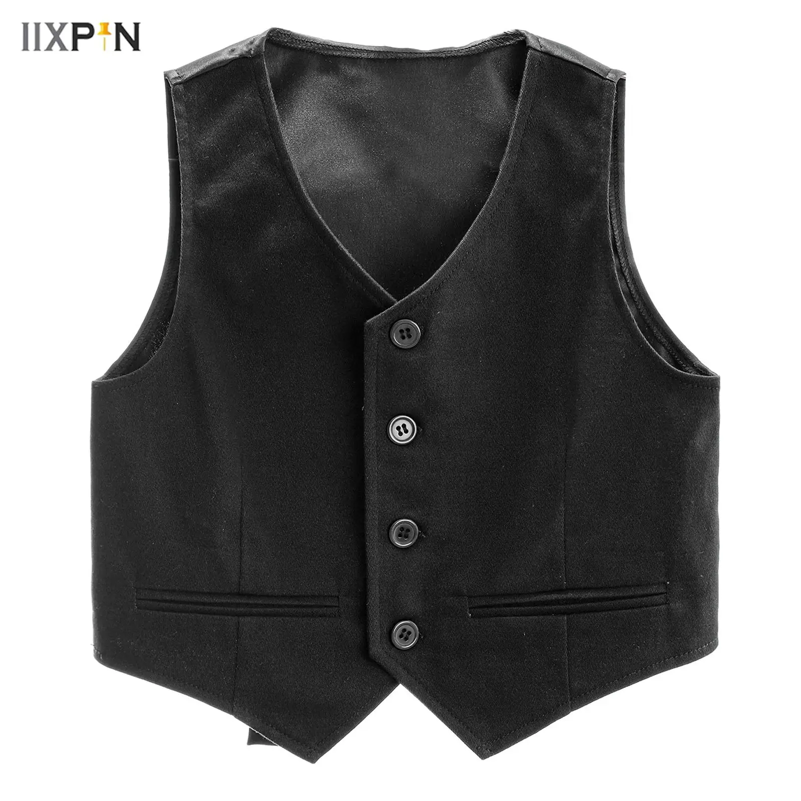 Kids Boys Gentlemen Suit Tuxedo Vest Blazer Tops V-neck Button Pointed Solid Color Waistcoat Birthday Wedding Party Clothes