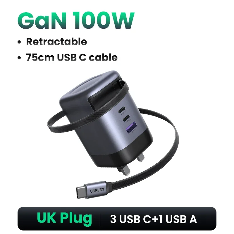 UGREEN 100W GaN-oplader met intrekbare USB C-kabel UFCS PPS PD snellader voor laptop Macbook Pro iPad tablet iPhone Samsung