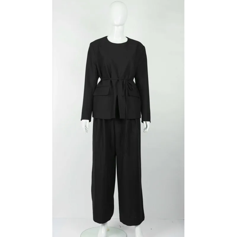 Kwtx 2025 primavera verão feminino cor sólida pantsuit conjunto blazer calças de perna larga zíper frente fenda em torno do pescoço gravata casual elegante