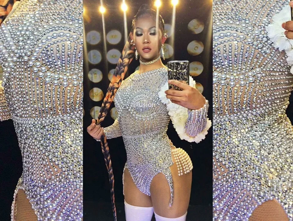 Body de manga de flores con diamantes de imitación de perlas de lujo para mujer, traje de baile de Jazz de escenario de actuación de cantante Sexy, ropa de Club de fiesta de cumpleaños