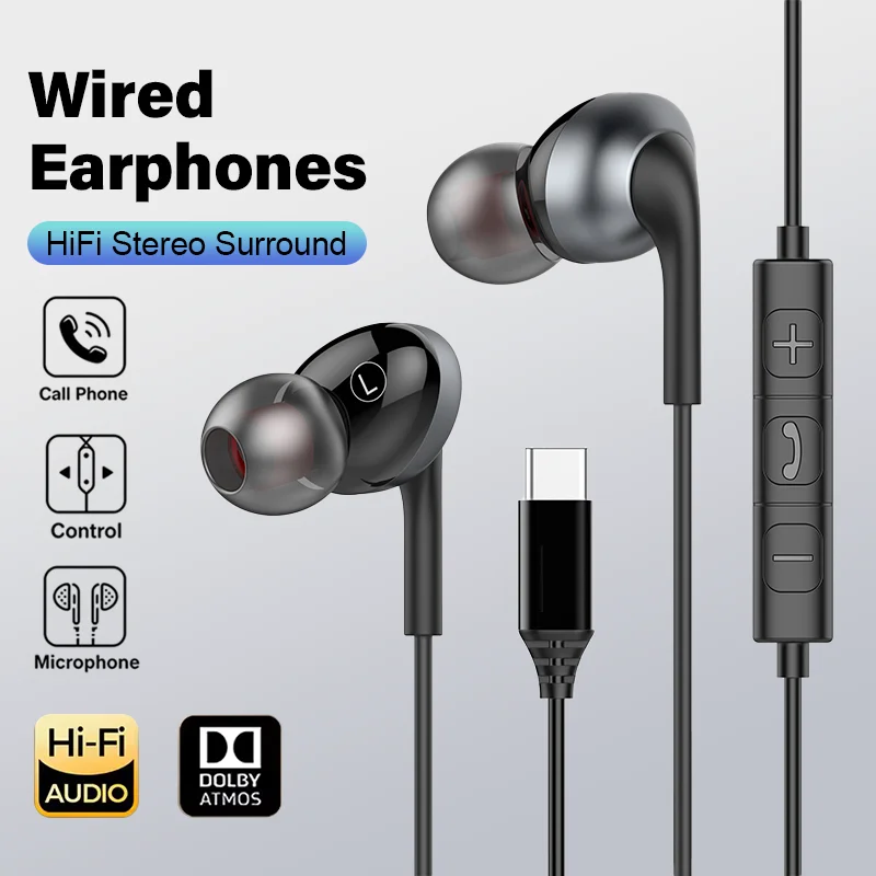 Fones de Ouvido USB Tipo C HiFi Estéreo Intra-auriculares com Controle de Volume e Microfone, Fones com Fio para Samsung Galaxy S25 S24 S23