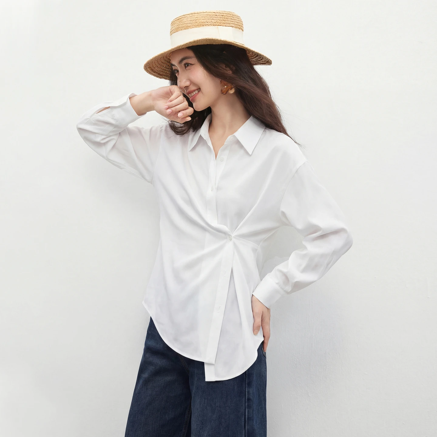 

SENTUBILA Women Lyocell White Shirt 2026 Spring Summer New Turn-Down Collar Twist Waist Long Sleeve Office Blouse 161CA6466X