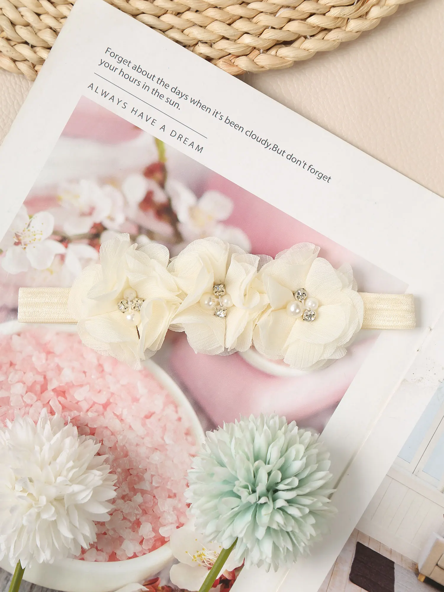 Baby Girls Cute Flower Headband Photography Prop Soft Nylon Elastic Hair Band Headwear for Daily Baptism Birthday Wedding Party