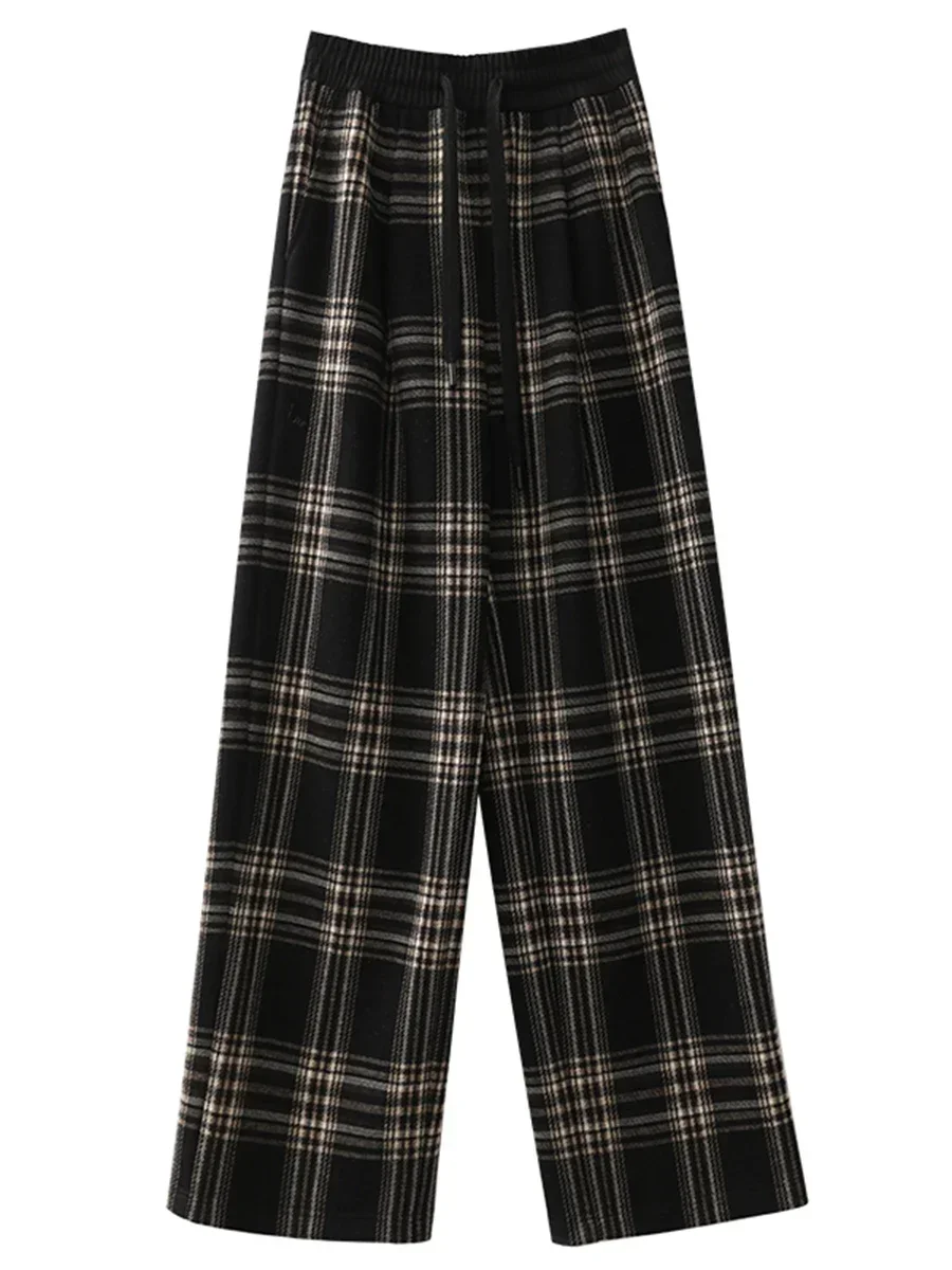 CHIC VEN Vrouwen Broek Losse Nieuwe Geschuurd Hoge Taille Trekkoord Plaid Casual Vrouwelijke Broek Rechte Pijpen Broek Herfst Winter 2024