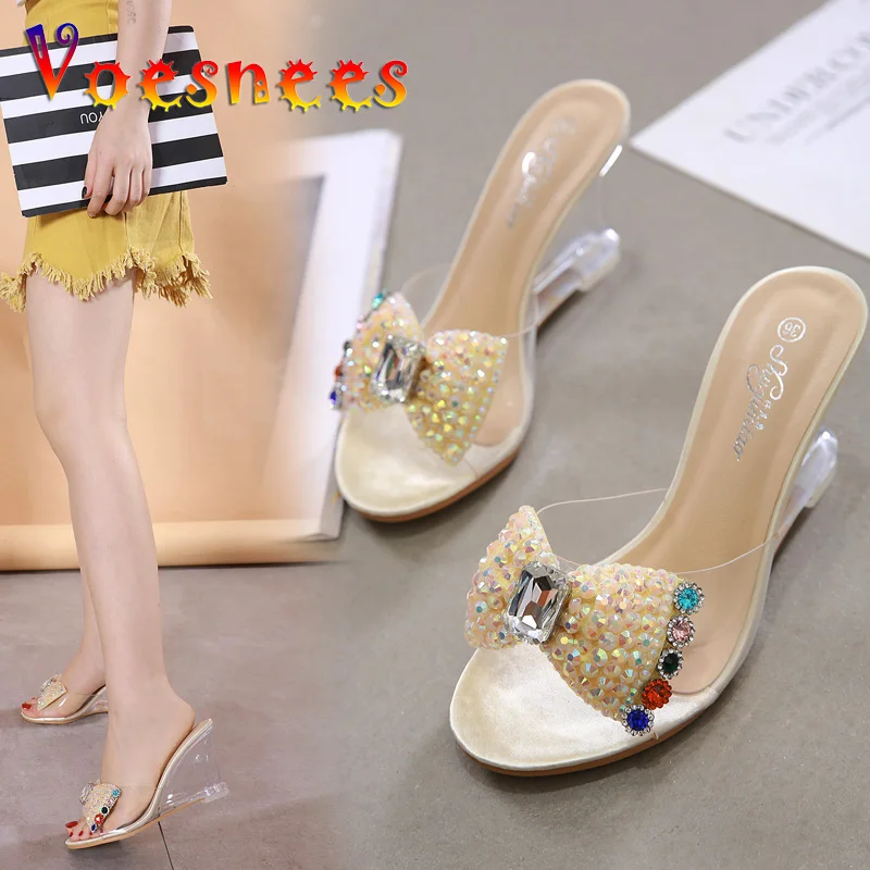 Diamonds Wedges Women Shoes Slope Heel Sandals Female Summer Sexy Crystal Transparent High-heeled Shoes Water Drill Slippers