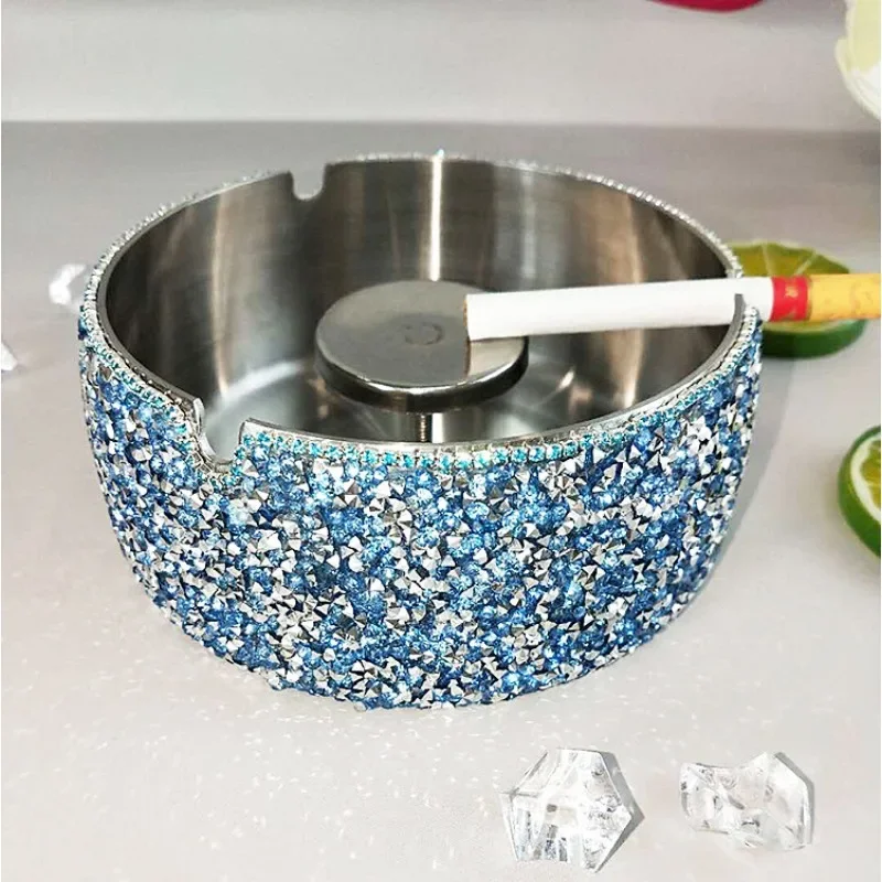 

Round Stainless Steel Cigarette Ashtray Bling Rhinestone Crystal Portable Tabletop Silver Metal Ash Tray Gift for Boyfriend