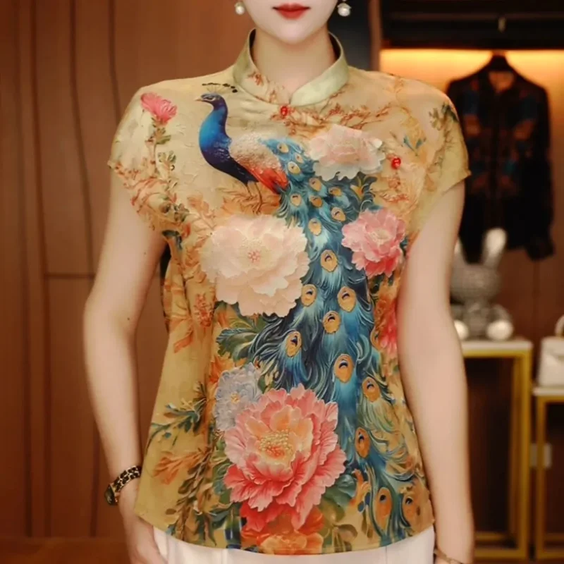 Chinese Style Peacock Peony Print Blouse Women Mandarin Collar Short Sleeve Elegant Summer Silk-like Top