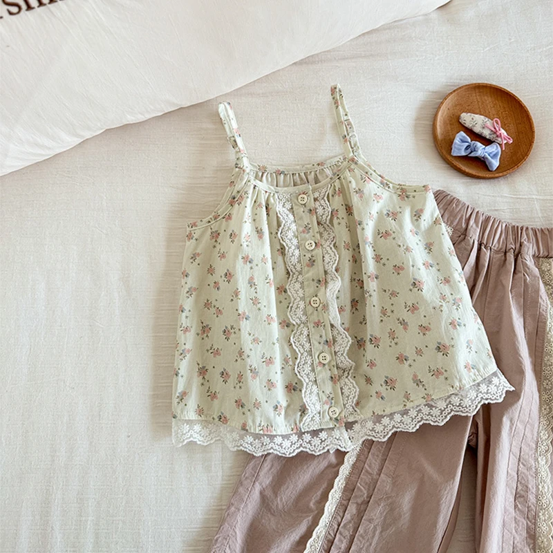 Girls' Korean Edition Countryside Cute Style Lace Small Flower Printed Hanging Top 2025 New Summer Sweet Vest Children's