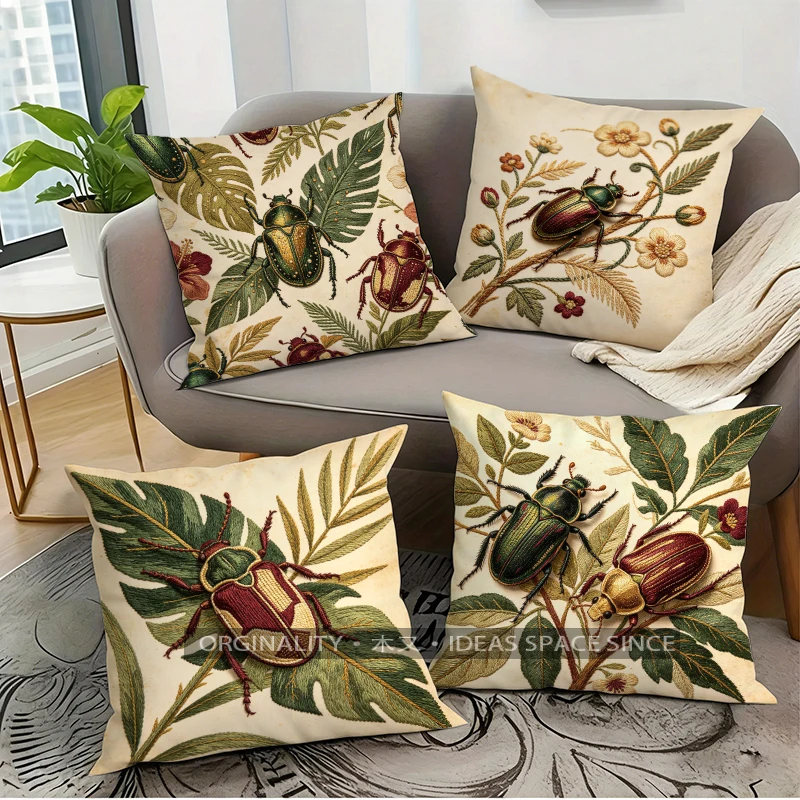 Vintage Beetle Botanical Pattern Cushion Cover Suitable for Sofa Bedroom Car Pillow Cover