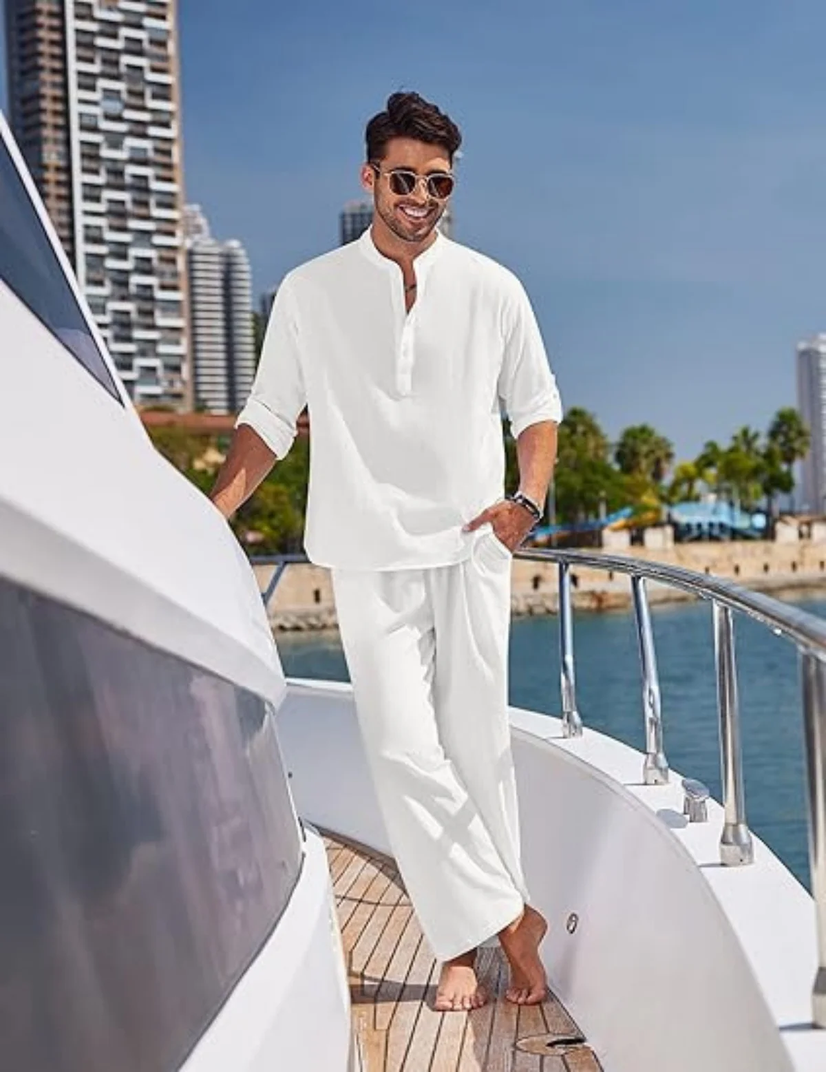 

Spring and autumn men's casual all-cotton set, solid color fashionable long-sleeved shirt, long pants and Henry shirt two-piece