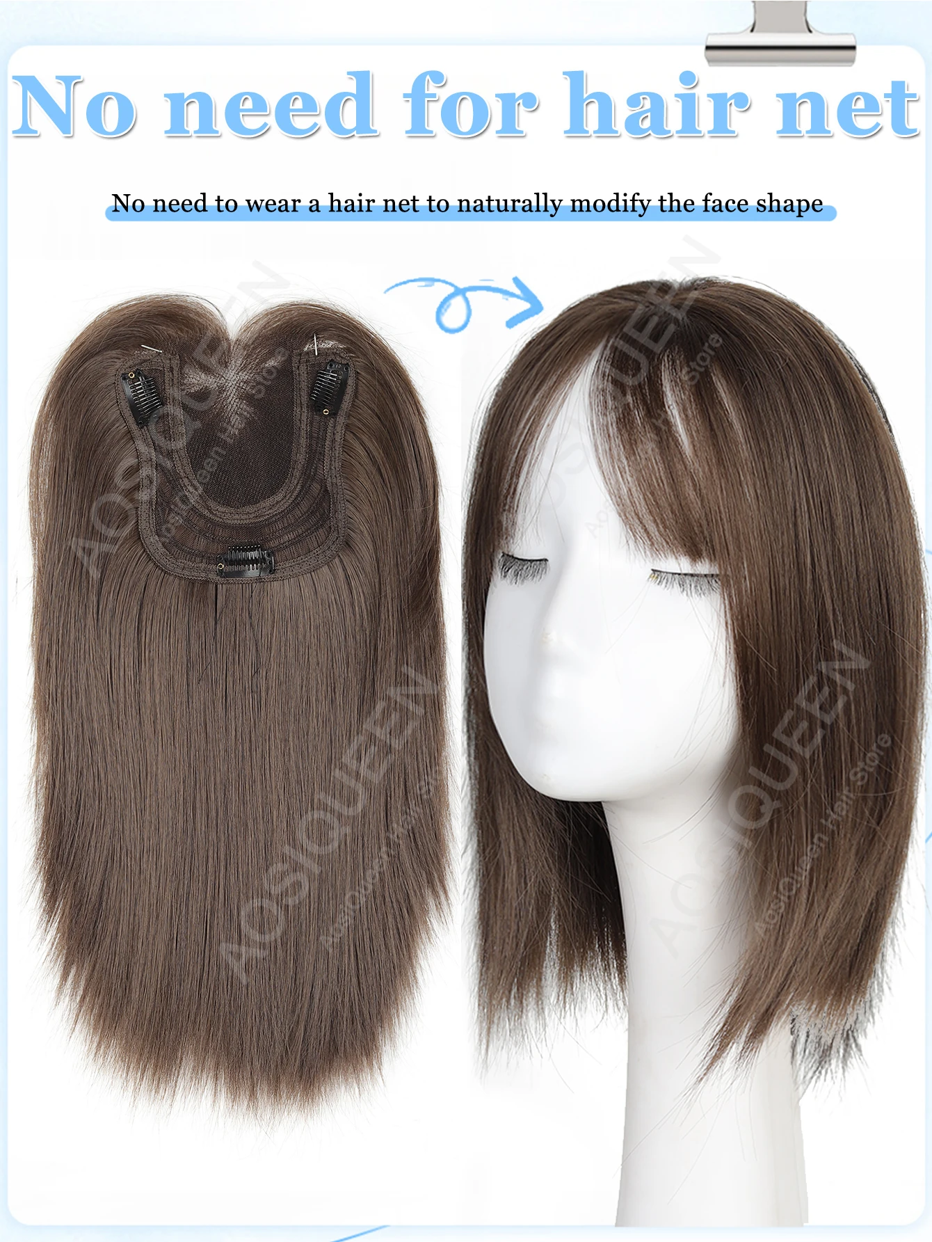 

Cold Brown Synthetic 6*10CM Fluffy Hand-woven Net French Bangs Hair Replacement Block Invisible Seamless Hair Long Straight Hair