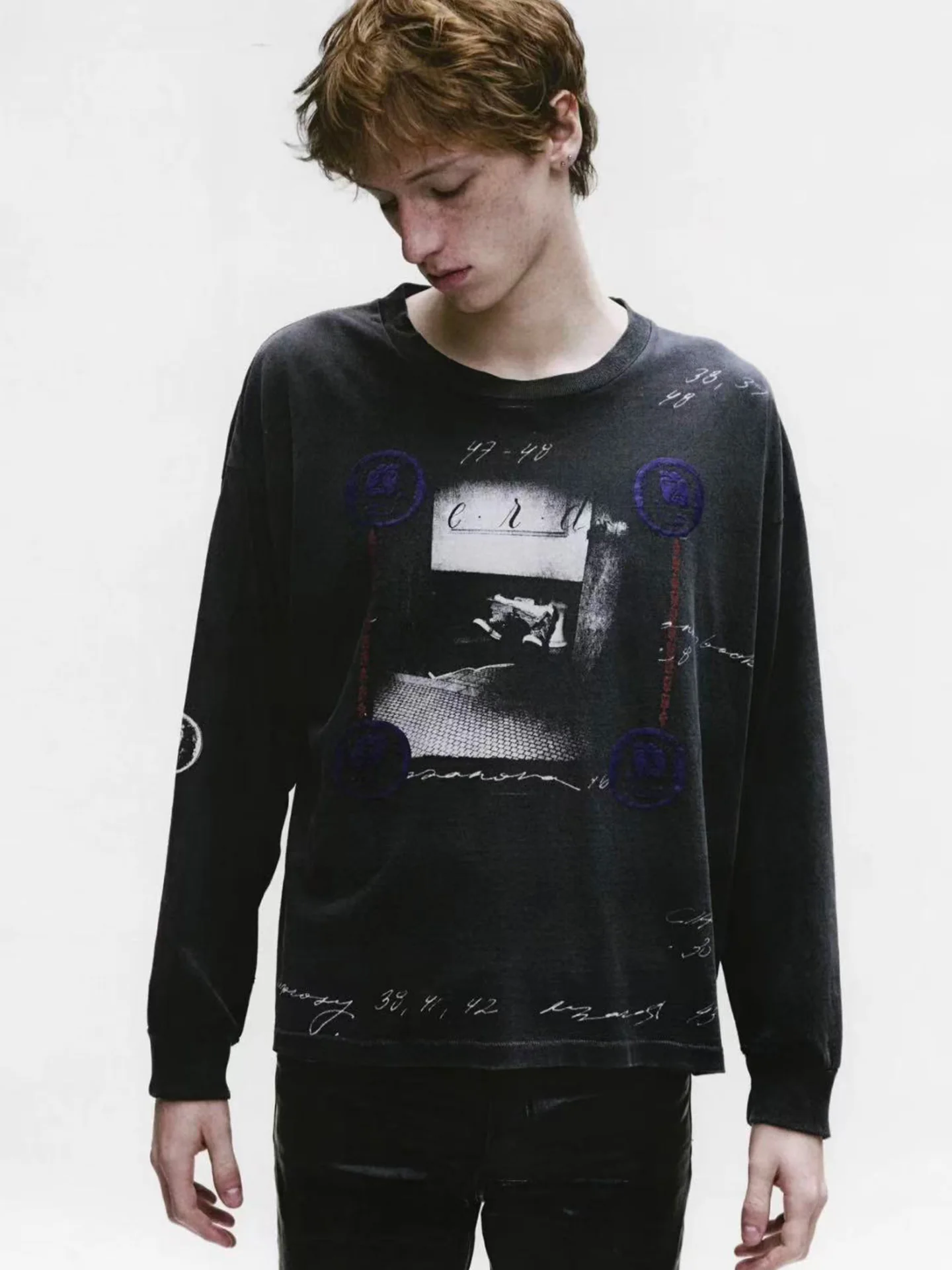 Retro Worn-look Long Sleeve Men's T-shirt Casual Loose Base Shirt Creative Fun Print Cotton Breathable round Neck Top