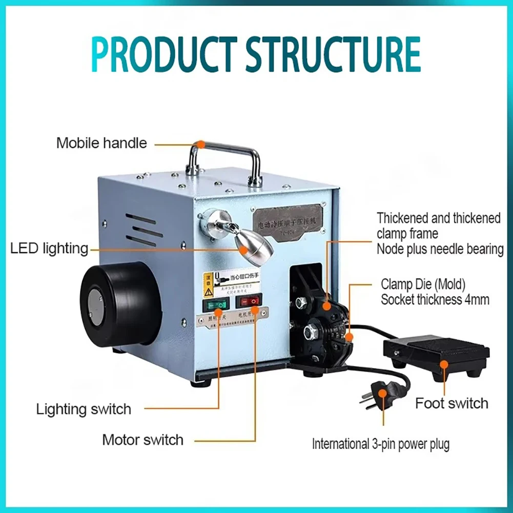 Crimper Tool for Bare Insulating Tubular Electric Terminal Crimping Machine wirh Replaceable Die Jaws 60W Cold Pressing Terminal