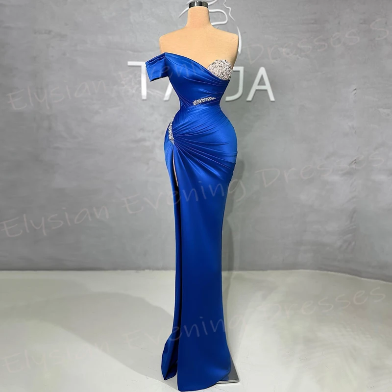 Vestidos De Noche modernos De sirena para mujer, un hombro sin mangas, vestidos De graduación con cuentas, Vestido Sexy con abertura lateral, azul encantador