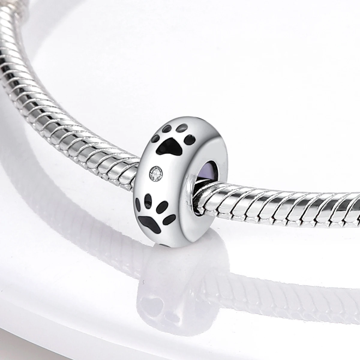 925 Sterling Silver Charm Spacer Bead Cat Dog Pet Paw Print Rubber Stopper Fit Chain Bracelet Diy Woman Jewelry