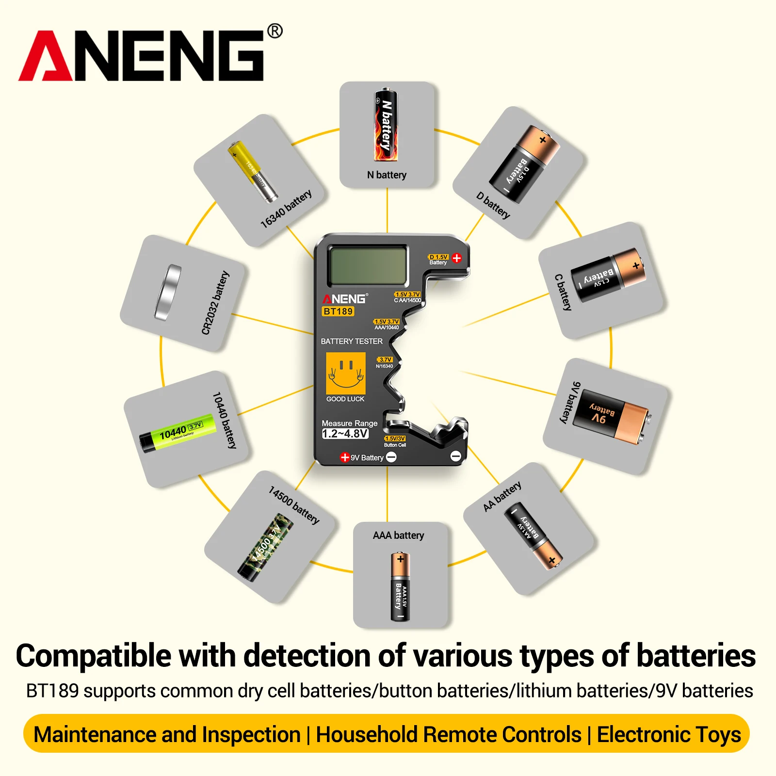 ANENG BT189 Digital Battery Tester 1.2‑4.8V Multi‑Size For AA AAA 9V CR2032 14500 Dry And Button Cell No Battery Required Tool