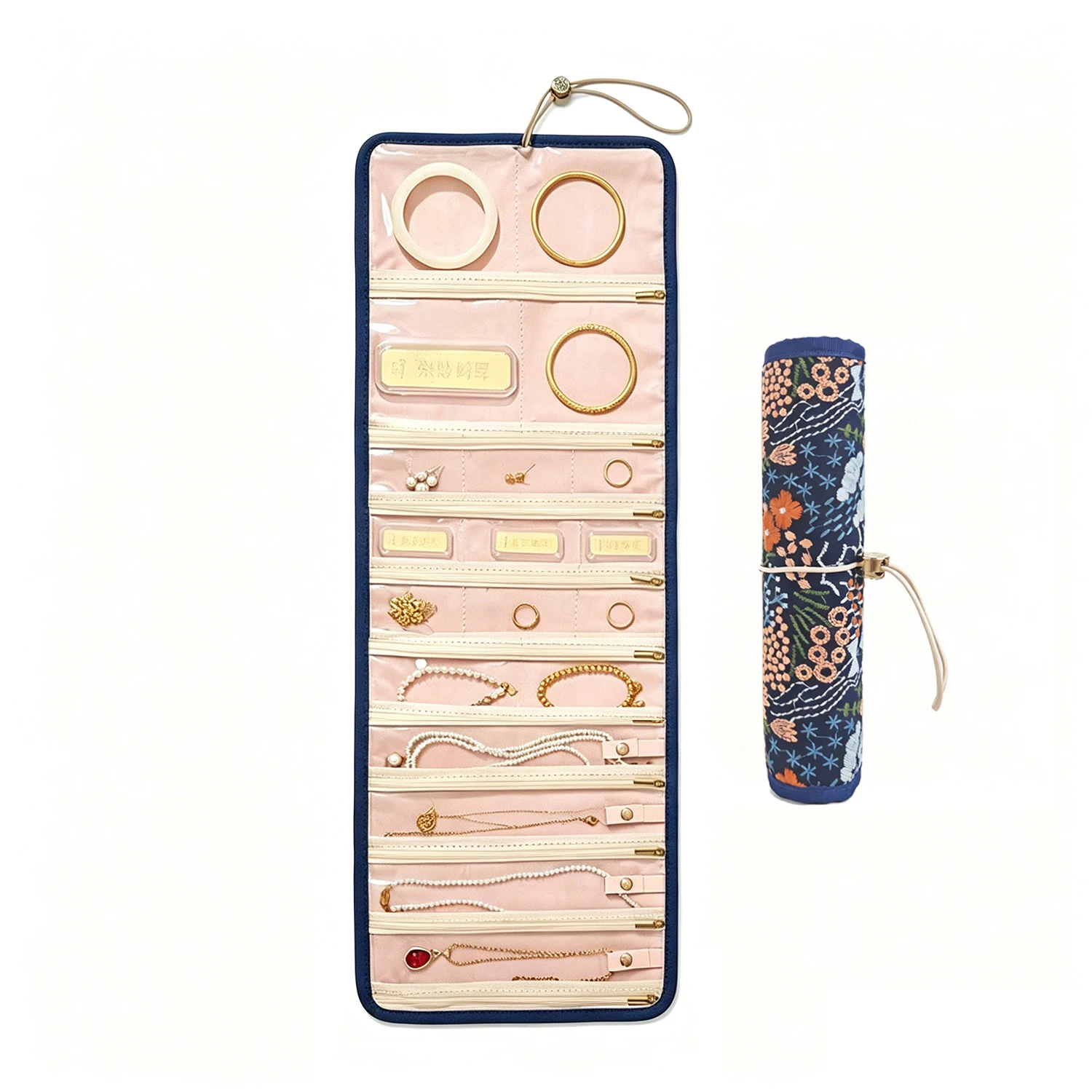 Chinese Style Red Floral Embroidered Jewelry Roll, Anti-Tangle Travel Organizer for Necklaces & Bracelets