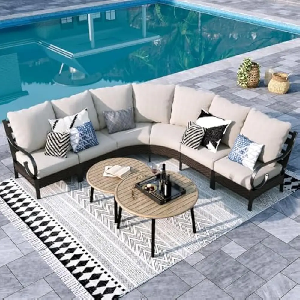 

Half-Moon Patio Furniture Set for 6, Curved Outdoor Sofa Conversation Set with Coffee Table,Wicker Patio Sectional for Backyard