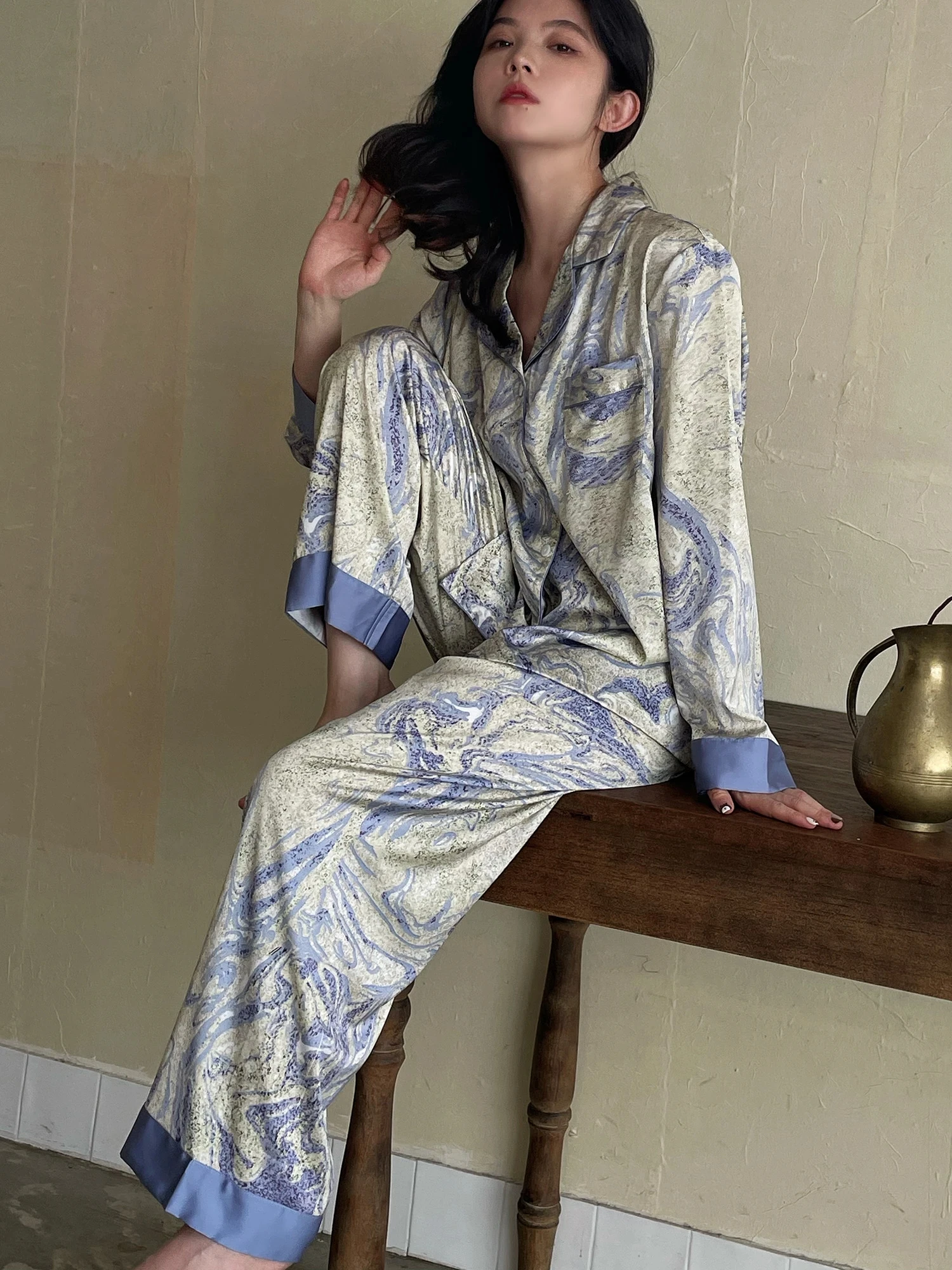 

Women Pajamas 2 Pieces Pj Sets Blue Galaxy Silk Long Sleeve Button Down Sleepwear Soft Loungewear Notch Collar Nightwear 잠옷 여름