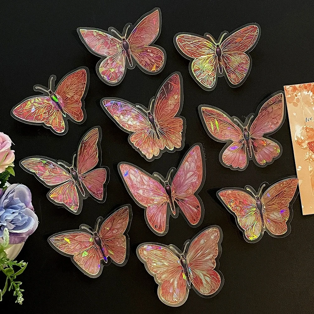 10PCS DIY Crafts Ice Crystal Laser Butterfly Sticker Vintage Aesthetic Handmade Butterfly Collage Sticker Shiny PET Scrapbooking