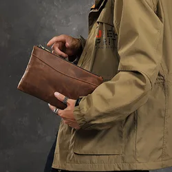 Cartera de mano de cuero genuino con cremallera para hombre, diario de negocios bolso de mano, monedero de gran capacidad, bolsa para teléfono, bolso con cinturón