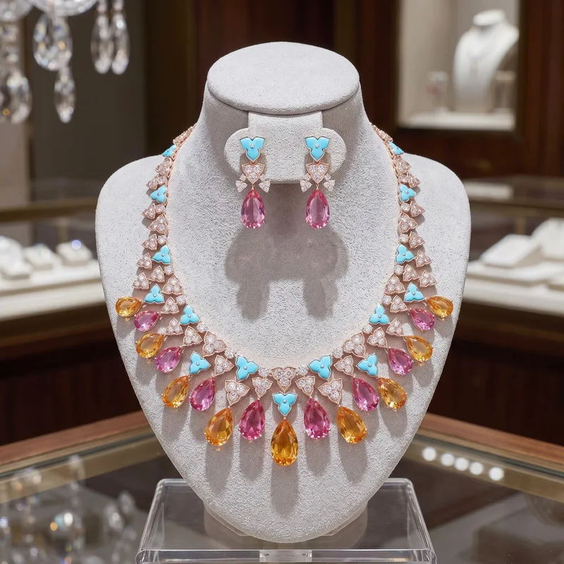 Europe America Earrings Necklace Women Inlay Cubic Zircon Synthetic Drop-shaped Colourful Gem Plated Gold Color Jewelry Sets