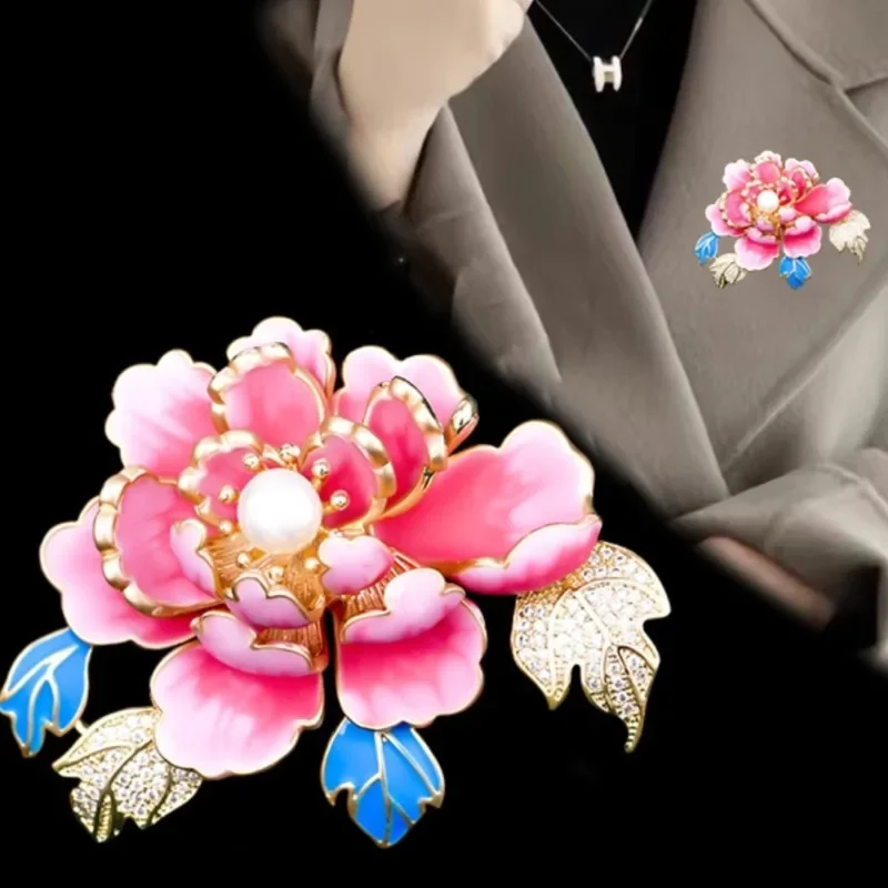 Enamel Peony Flower Brooches for Women Rose Pins Pearl Flowers Breastpin Hanfu Corsage Office Party Friend Accessories Gifts