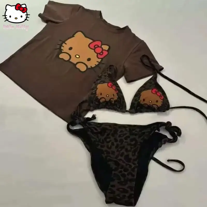 Sanrio Hello Kitty Sexy Bikini Set Leopardenmuster Badeanzug Set Hottie Sommertag Strand Urlaub Split Badeanzug Kawaii Ins Style