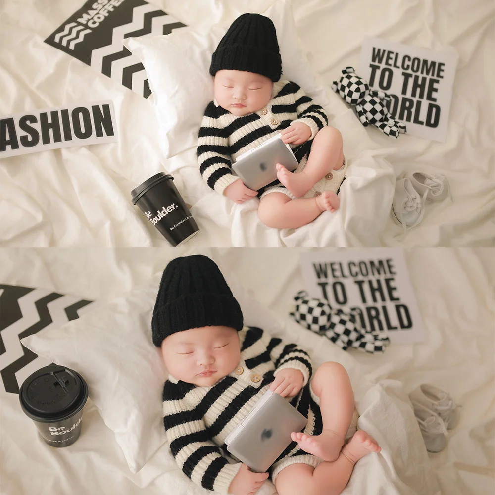 Baby Crochet Outfits Knitted Striped Jumpsuit Black Knitting Cap Newborn Photography Clothe Bear Doll Computer Studio Photo Prop