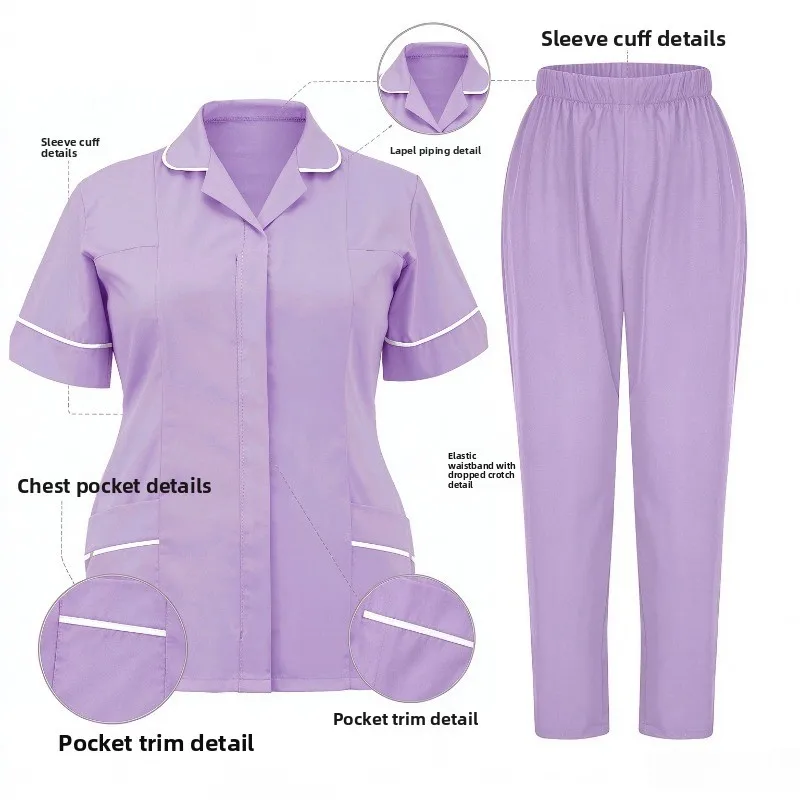 Women Nurse Uniform Set Short Sleeve Lapel Top with Elastic Waist Pants Medical Workwear for Hospital Beauty Salon