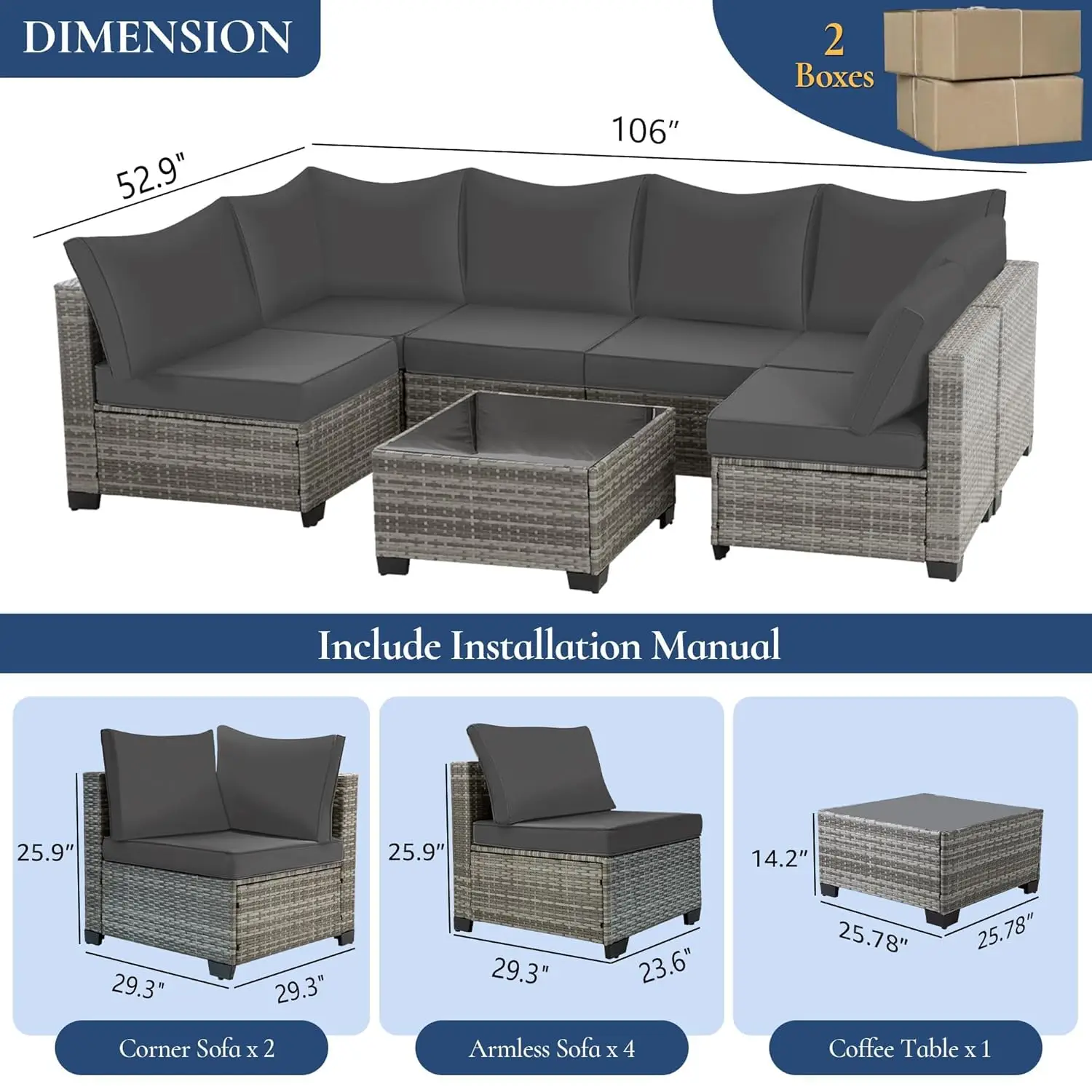 7 Piece Outdoor Wicker Patio Furniture Set, Grey/Dark Grey | Sectional Sofa | All-Weather Hand-Woven Rattan |, Customized
