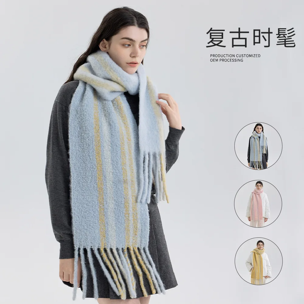 

2025 зимний новый дизайн, полосатый женский шарф, синяя пряжа, плюшевое теплое верхнее пальто, шаль, ветрозащитный шарф для защиты шеи
