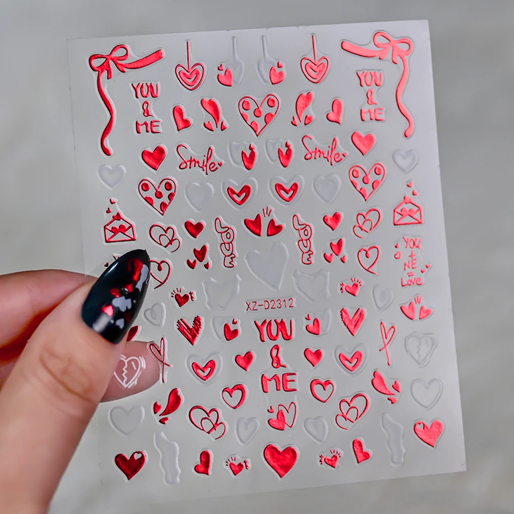 Pegatinas artísticas para uñas con letras de amor de San Valentín, deslizador autoadhesivo con forma de corazón y rosa de amor rojo, calcomanías para manicura del Día de San Valentín